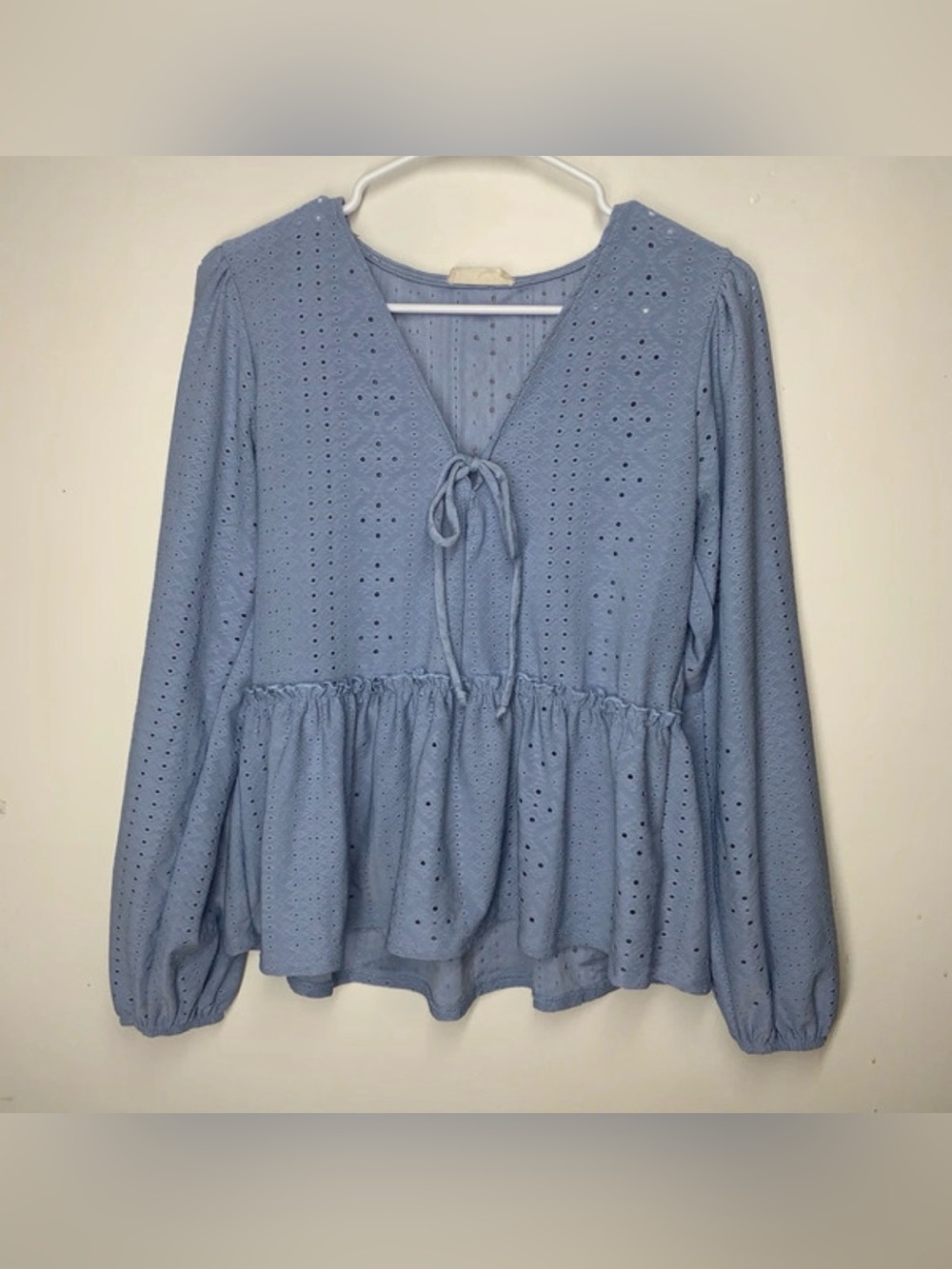 Altar’d State Blue Long Sleeve V-Neck Eyelet Blouse Size XSmall
